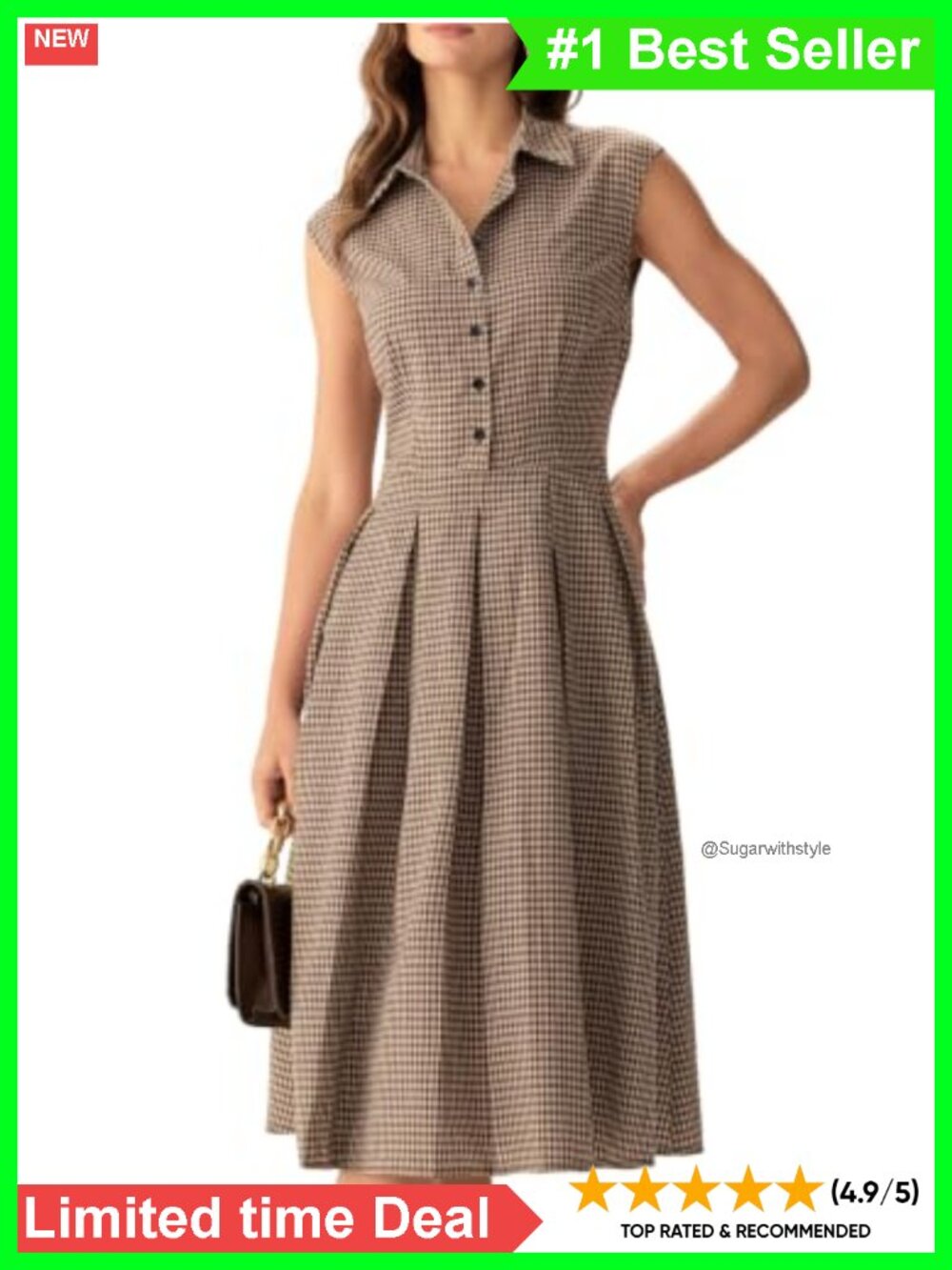 Plaid Midi Dress Sleeveless Button Up A Line Work Office